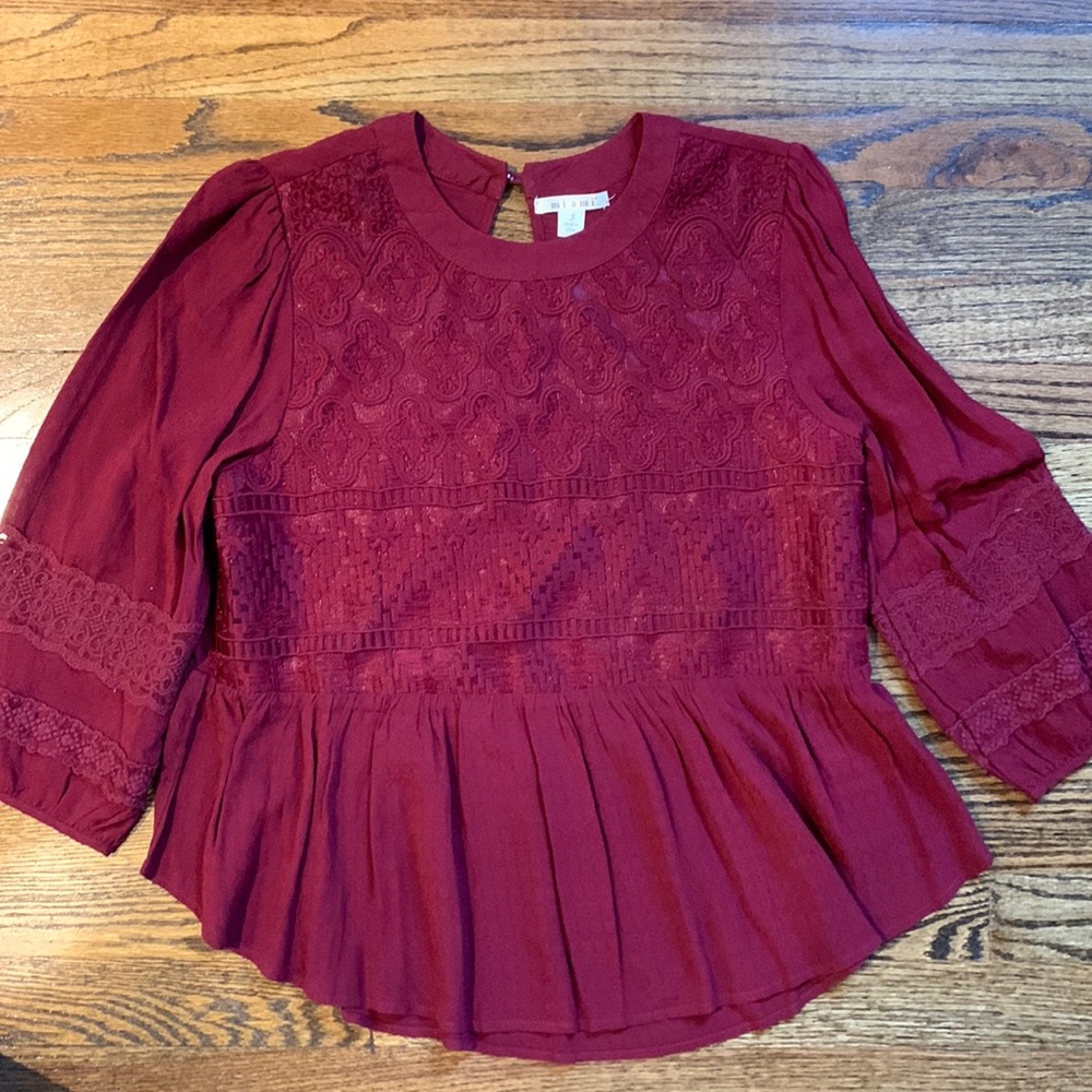 Worn once Miami Size small embroidered details shirt with 3/4 sleeve burgundy